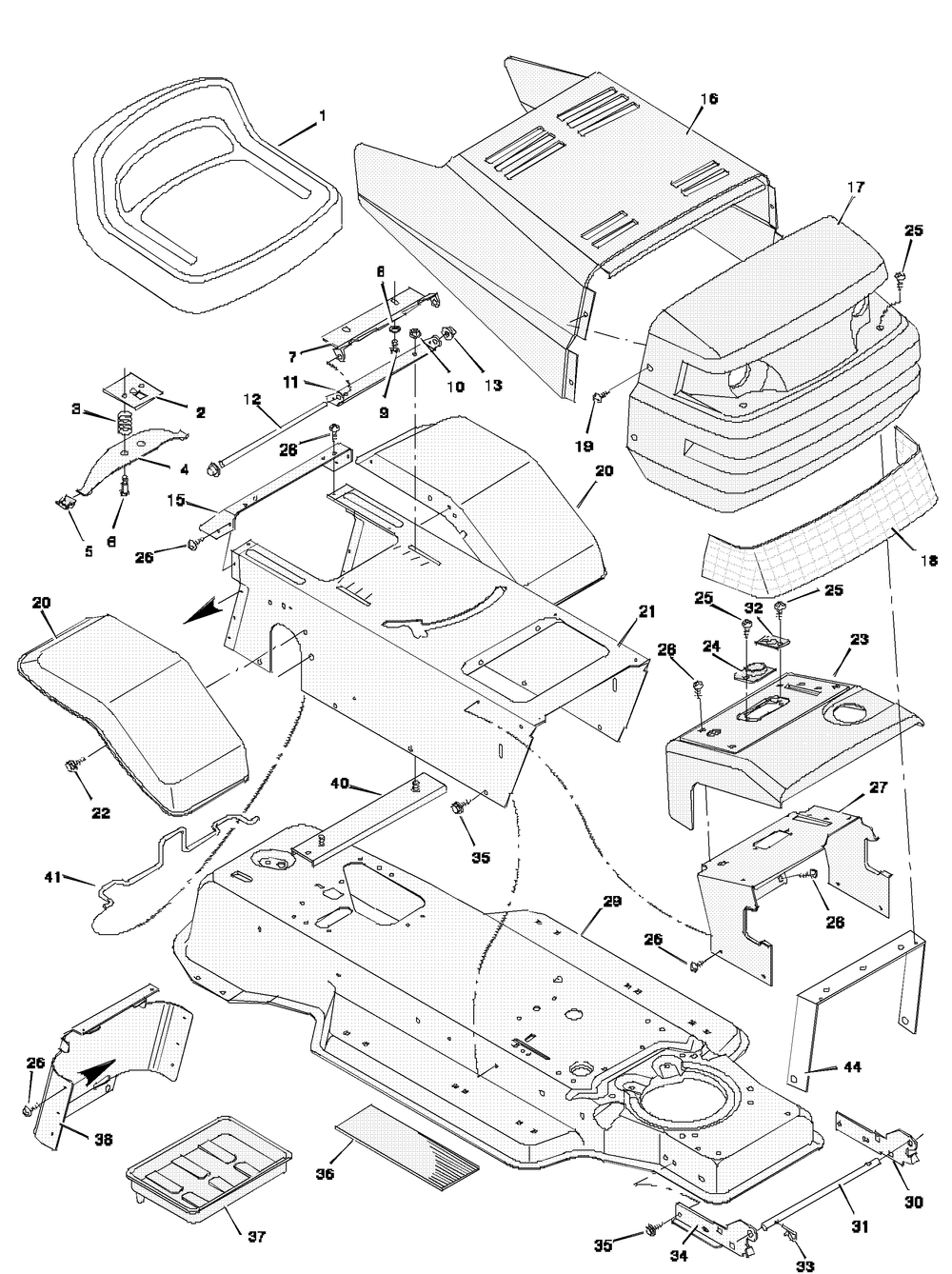Chassis And Hood Diagram and Parts List for 31720X51A 1997 Briggs and Stratton Lawn Tractor